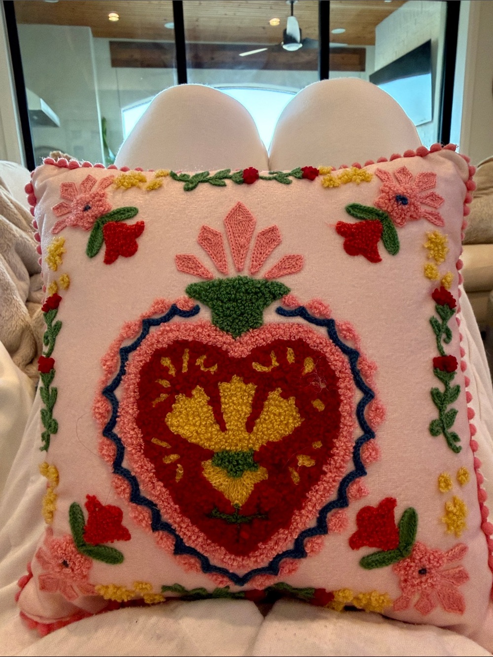 Embroidered Heart Accent Pillow - Pink with Red & Yellow Floral Design
